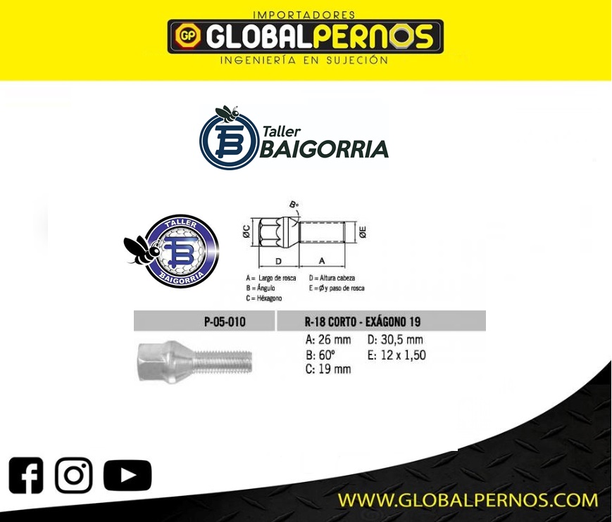 Perno Conico 12 X 26 X 1.50 Hex 19 COD: P-05-010