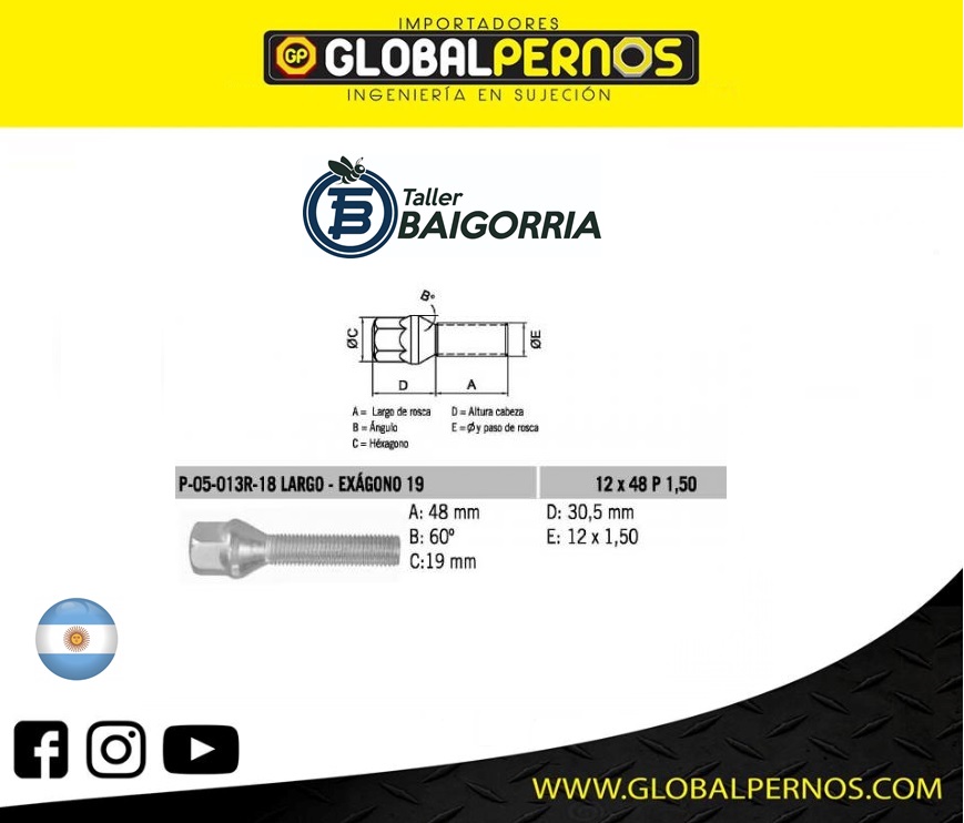 PERNO CONICO 12 X 48 X 1.50 EX-LARGO HEX 19 COD: P-05-013R