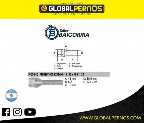 Perno Conico Peugeout 405 12 X 48 X 1.25 Glav/Crom Hex 19 COD: P-07-015