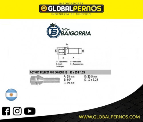 Perno Conico Peugeout 405 12 X 35 X 1.25 Mediano Hex 19 COD: P-07-017