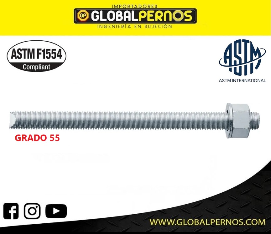 Barra Roscada Acero Galvanizado ASTM 1554 GRADO 55 X 3MT